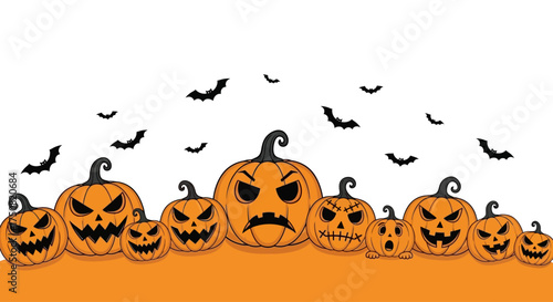 Scary Jack-o'-lantern family with angry faces and bats flying in the sky. Halloween holiday background illustration