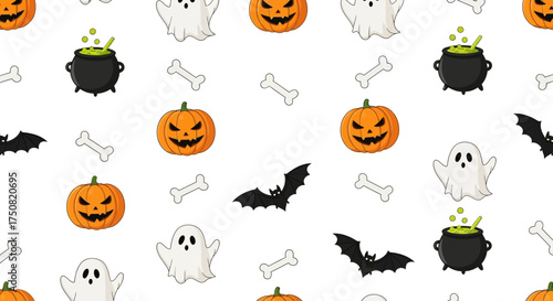 Spooky and cute Halloween seamless background pattern with cartoon ghosts, pumpkins, and cauldrons, a festive Hal (69).ai design