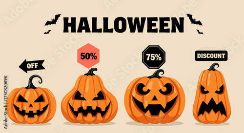 Collection of expressive jack-o'-lantern characters offering seasonal discounts, with 50% and 75% off signs for holiday sales promotions