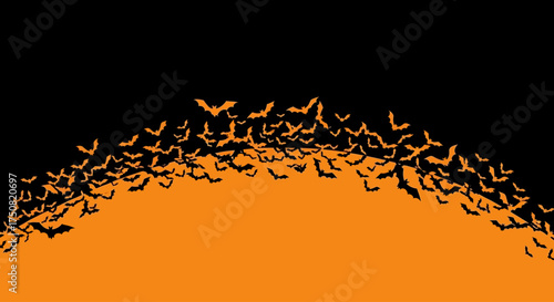 A massive swarm of flying black bat silhouettes against a vibrant orange and black background for a spooky Halloween concept