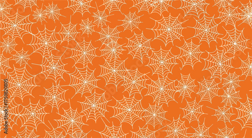 Abstract Halloween pattern featuring a dense network of intricate white spiderwebs on a vibrant orange background, a spooky seamless design
