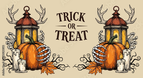 A spooky vintage Halloween banner with symmetrical pumpkins, skeleton hands, and old-fashioned antler lanterns