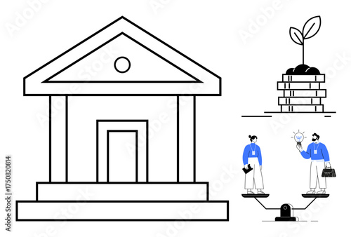 Government building, plant growing on coins, professionals discussing ideas on scales. Ideal for governance, sustainability, financial balance, teamwork, innovation growth equality. Simple flat