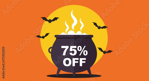 Seasonal autumn sale banner featuring a spooky witch's brew cauldron with a seventy-five percent off discount message for Halloween