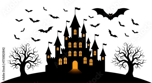 Dark spooky haunted house on a hill with bare trees and flying bats, a Halloween night vector graphic illustration