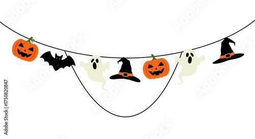 A festive Halloween party garland decoration featuring illustrated pumpkins, ghosts, bats, and witch hats hanging on a string for a spooky celebration