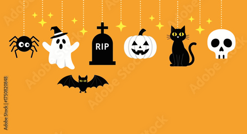 Cute Halloween cartoon characters and symbols hanging as a garland decoration on a bright orange background with copy space