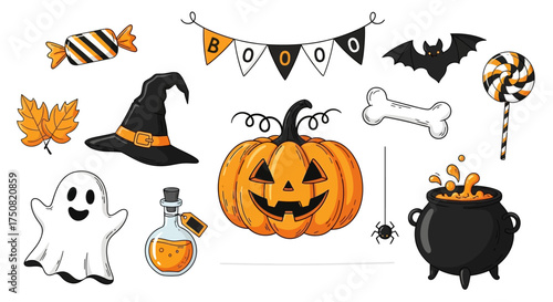 A festive collection of hand-drawn Halloween doodle icons, including a jack-o'-lantern, spooky ghost, witch hat, and candy