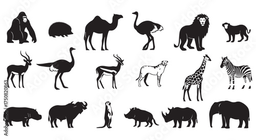 Collection of african animal silhouettes isolated on transparent background