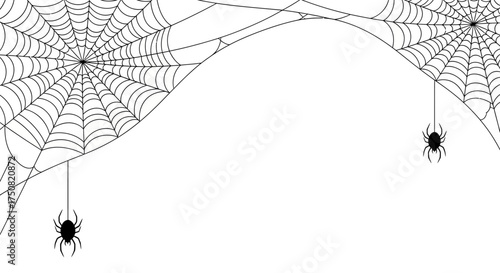 Spooky black spiders dangling from intricate cobwebs, a minimalist Halloween background design element. Hal (119).ai concept vector art