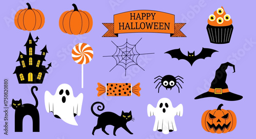 Festive collection of traditional Halloween vector graphics, featuring spooky icons like ghosts, pumpkins, and black cats for seasonal projects