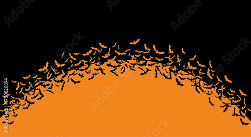 Spooky Halloween scene with a flying swarm of bats creating an arc against a black and orange backdrop