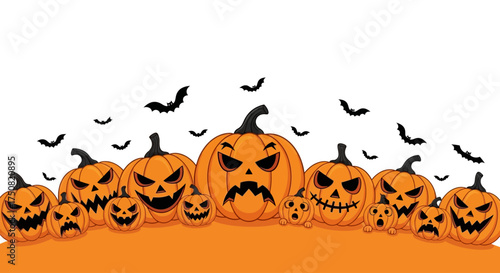 Menacing Jack-o'-lantern family with angry expressions under a swarm of bats, a scary Halloween concept illustration
