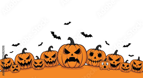 Cartoon illustration of angry and spooky Jack-o'-lanterns lined up with bats flying above for a Halloween border design