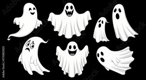 A collection of cute and spooky cartoon ghosts with various expressions, perfect for Halloween celebrations and festive designs. Hal (159)