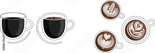 Two Cups of Coffee and Three Latte Art Coffees Overhead View beverage drink