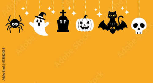 Hanging Halloween character icons collection on an orange background. A spooky holiday vector illustration banner with available copy space