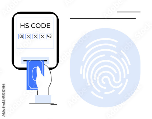 Hand inserting card into device displaying HS code, accompanied by a fingerprint symbol. Ideal for security, identity verification, access control, digital data, technology, finance, simple flat