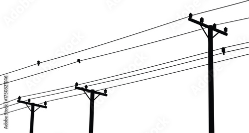 Electric power transmission lines and wooden utility poles silhouette vector illustration showing energy distribution infrastructure and electrical connection network design