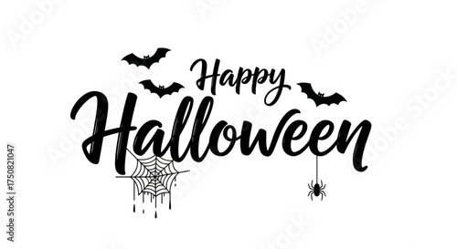 Happy Halloween calligraphy greeting with spooky bats, a spider, and a dripping cobweb vector illustration