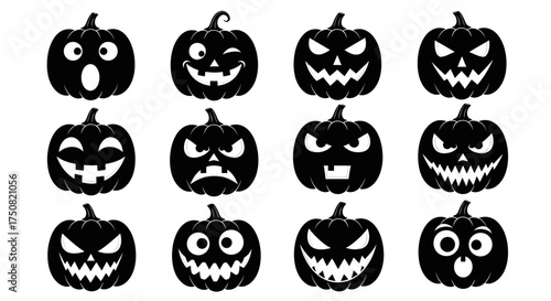 A collection of black silhouette Jack-o'-lantern icons featuring a variety of scary and funny carved faces for Halloween