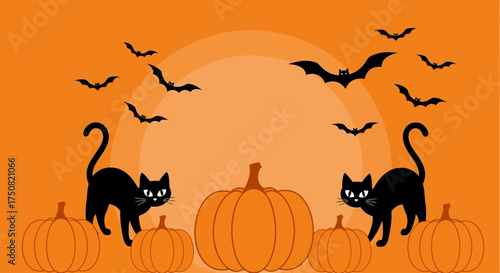 A festive Halloween illustration featuring two spooky black cats surrounded by pumpkins, with bats flying against an orange moonlit sky