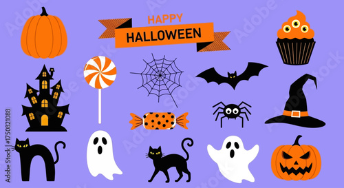 A vibrant collection of flat design Halloween icons featuring a pumpkin, ghost, cat, and spooky elements isolated on a purple background