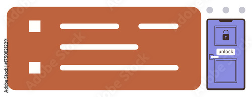 Rectangular login form with fields and checkboxes beside a locked door featuring unlock text. Ideal for user authentication, account access, online security, password entry, data protection, digital