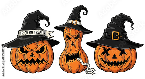 A spooky set of three Halloween jack-o-lantern pumpkins with evil carved faces wearing classic black witch hats vector illustration