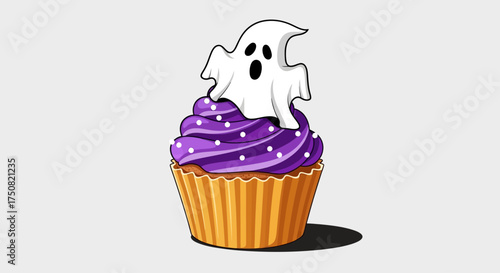 An adorable and spooky Halloween cupcake illustration featuring a cute ghost topper, purple frosting, and festive sprinkles for a sweet holiday treat