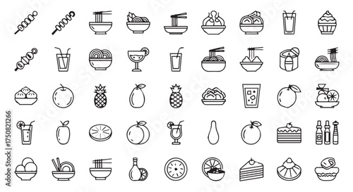 Assortment of line icons representing various food and drink items, isolated on transparent background