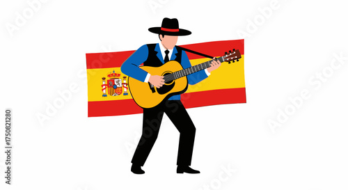 Spanish guitar player serenading with patriotic fervor against flag backdrop creating dynamic energy