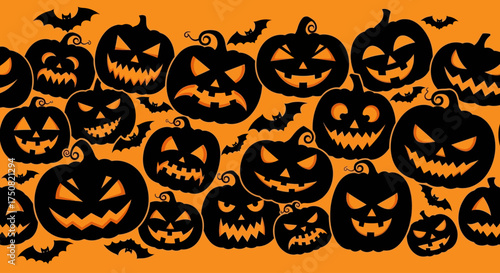 Seamless Halloween border with scary Jack-o'-lantern pumpkins and flying bat silhouettes on an orange background illustration