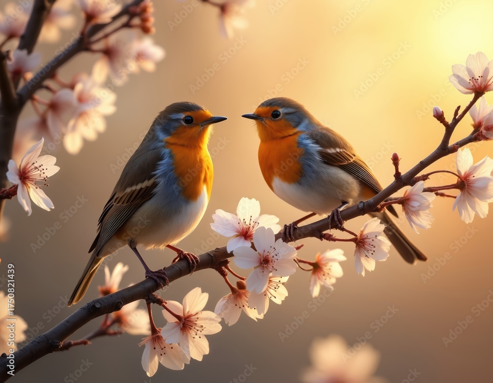 Obraz premium Two robins sit on a flowering tree branch during golden hour. Birds perch amidst delicate white blossoms, bathed in warm, soft light creating a serene natural scene.