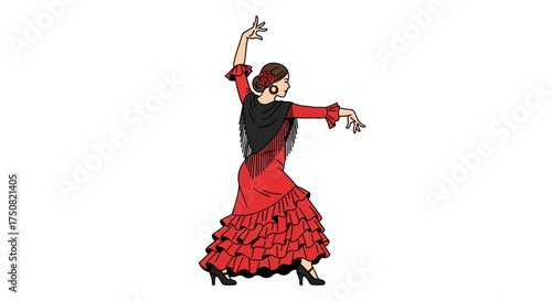 Passionate flamenco dancer in traditional red dress with ruffles on white background