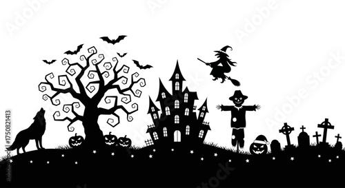 A spooky Halloween landscape silhouette featuring a haunted house, graveyard, howling wolf, and flying witch