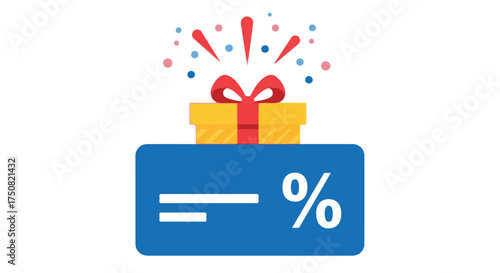 Gift box with ribbon and confetti exploding above a blue rectangle with equals and percentage sign isolated on transparent background