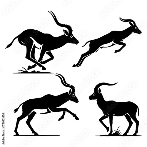 Set of Running and Standing Gazelle Silhouette Icons for African Safari Flat Vector Illustration