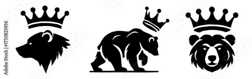 Royal King Bear Silhouette Set with Crown for Mascot and Luxury Logo Design Flat Vector Illustration