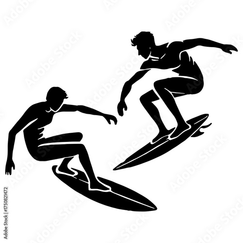 Set of Dynamic Man Surfing Silhouette Icons for Ocean Sport and Beach Lifestyle Flat Vector Illustration