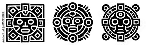 Set of Ancient Mayan Art and Civilization Silhouette Icons for Historical Design Flat Vector Illustration