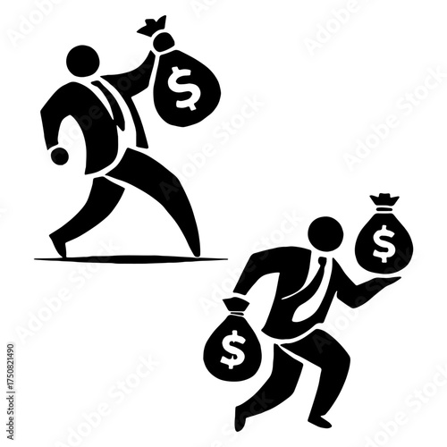 Set of Crime and Money Theft Silhouette Icons for Security and Financial Hazard Flat Vector Illustration