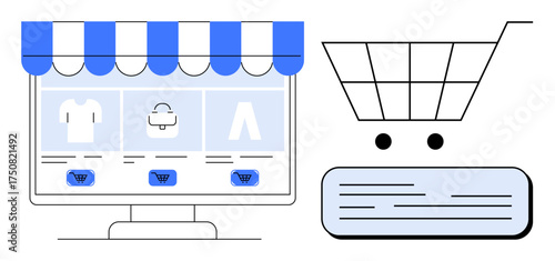 Computer screen with storefront, product icons, and cart navigation representing online shopping. Ideal for e-commerce, retail, digital marketplace, technology, shopping, business and marketing