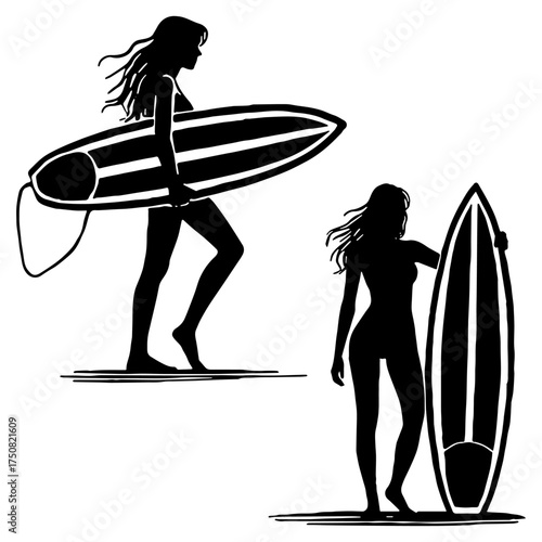 Set of Dynamic Surfers Riding Waves Silhouette Icons for Beach and Water Sport Flat Vector Illustration