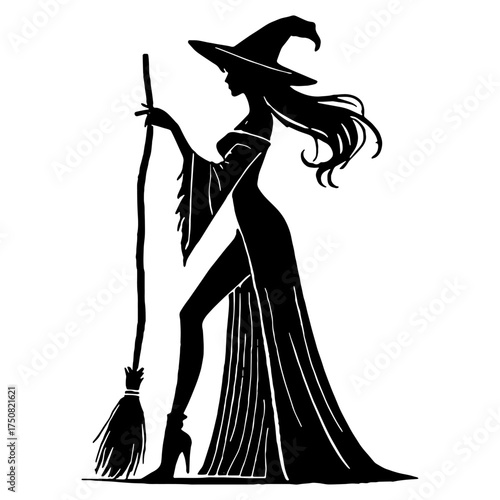 Classic Witch Flying on Broomstick Silhouette for Halloween and Magic Concepts Flat Vector Illustration