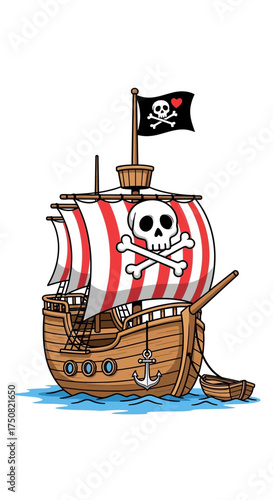 Cartoon Pirate Ship with Jolly Roger Flag and Skull and Crossbones Sail.
