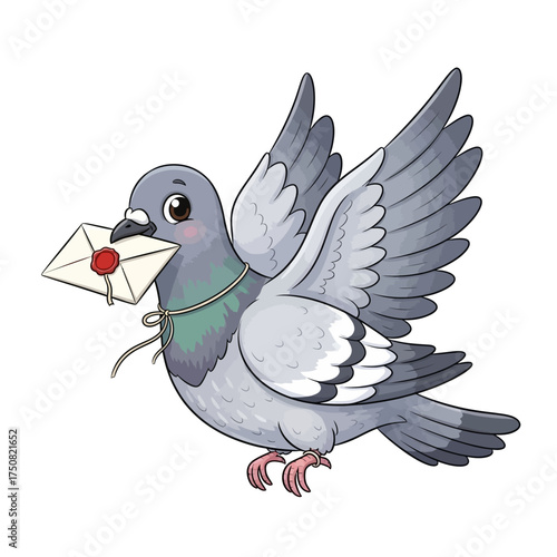 Cartoon Pigeon Delivering a Letter with a Red Seal.