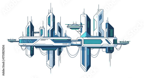Futuristic sky city with sleek architecture and flying vehicles symbolizing innovation and