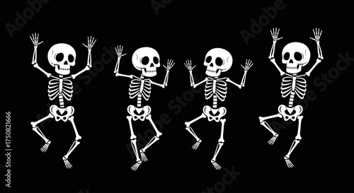 A cheerful quartet of animated skeletons performing a synchronized dance routine, a fun and spooky illustration for Halloween festivities