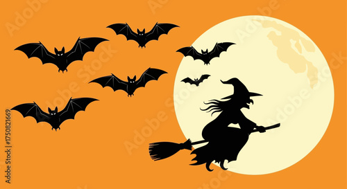 A classic Halloween scene featuring the silhouette of a witch flying on a broomstick with bats against a full moon